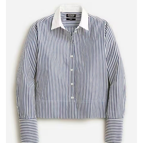 J.Crew Garcon Cropped Shirt Navy White Striped Contrast Collar Cotton Womens XL - Picture 2 of 2